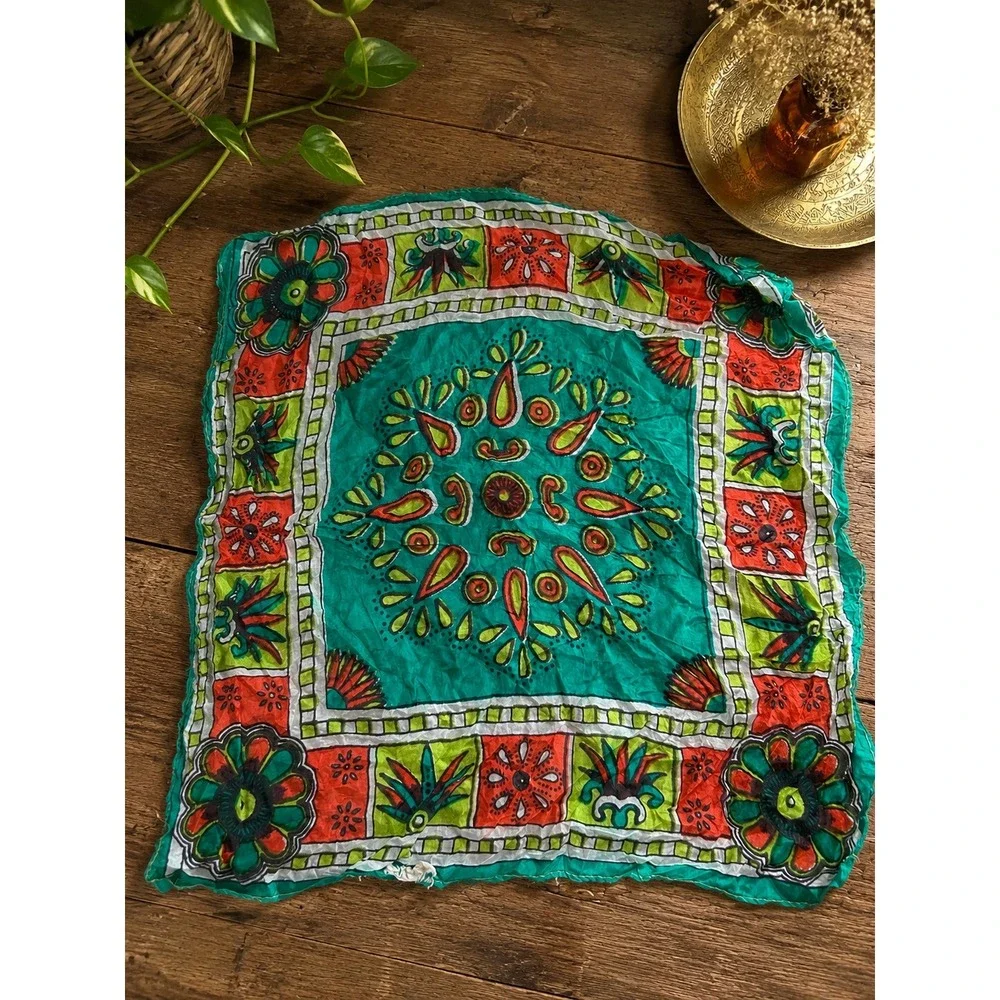 Vintage Floral Mandala Square Scarf Neckerchief Boho Bandana 100% Silk Festival